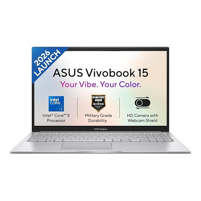 ASUS Vivobook 15 (2026),Intel Core 5 120U,(i5-14th Gen),Fingerprint Sensor,8GB RAM,512GB SSD,FHD,15.6"(39.6 cm),Win 11,M365 Basic(1Y),Office 24,Cool Silver,1.7 Kg,X1504VAP-IN011WS,Thin & Light Laptop
