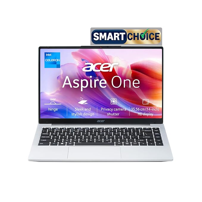 Acer Smartchoice Aspire One, Intel Core Celeron N4500, 8GB LPDDR4 RAM/ 512GB SSD, 14.0"/35.56cm WXGA Display, Intel UHD Graphics, Win 11 Home, Pure Silver, 1.3 Kg, A114-45, Thin and Light Laptop
