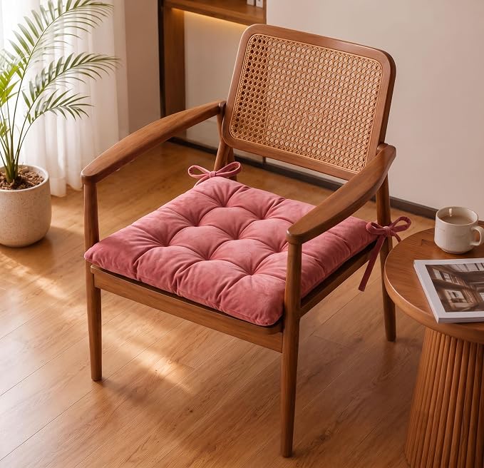 BSB HOME Chair Pad Cushion with Tie Straps, Thick Tufted Seat Cushion for Dining, Office & Wooden Chairs, Soft Comfortable Chair Seat Pad with Durable Stitching,16 x 16 Inches(41 x 41 cm) - Dusty Pink