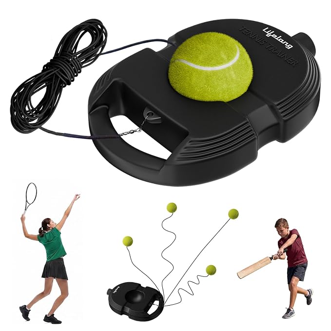 Lifelong Tennis Trainer Rebound Ball Set | Solo Training Rebound Ball Cricket Self Practice with String Self Training Equipment for Kids & Adult| Re-Bound Balls Trainer for Indoor & Outdoor Play Black