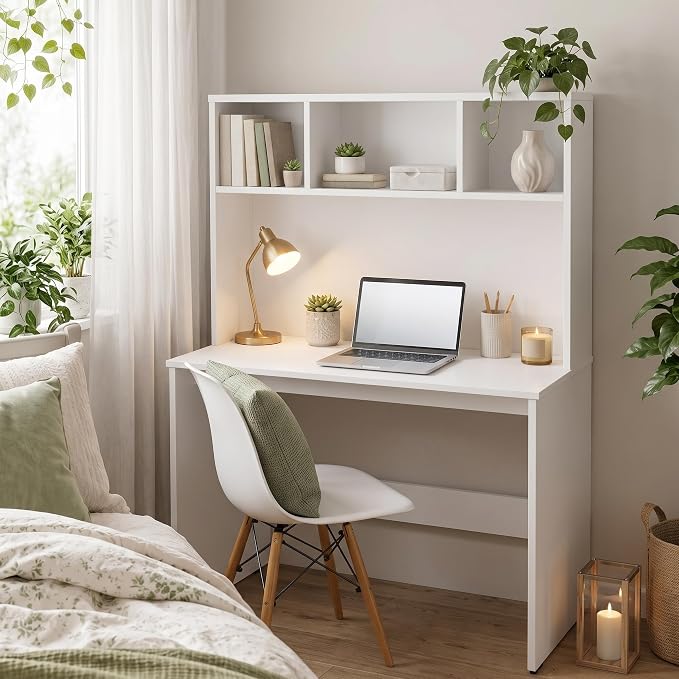 Aura Study Table with 3-Cubby Bookshelf Hutch - Modern Wooden Computer Desk for Home Office & Bedroom | Premium Engineered Wood, Frosty White (80 x 45 x 120 cm)