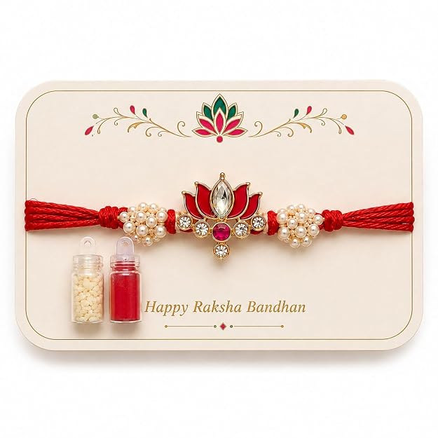 Minimalist Premium Kundan Lotus Floral Rakhi For Brother Pack Of 1/2/3/4/5 | Designer Traditional Handmade Pearl Raksha Bandhan Moli Thread Bracelet Combo For Bhai, Bhaiya, Sister, Sister In Law, Men, Kids, Teens & Boys