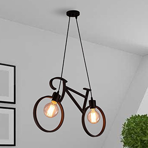 Bicycle Pendant Light Fixture, Industrial Vintage Bike Chandelier, Retro Iron Hanging Ceiling Lamp with 2 E26 Sockets for Kitchen Island, Dining Room, Bar, Coffee Shop, Restaurant (Bulbs Not Included)