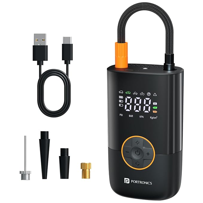 Portronics Vayu Go Rechargeable Tyre Inflator, Upto 150 PSI, 2×2000mAh Batteries, Digital Display, Auto Shut-Off, LED Light with SOS, Type-C Charging for Car, Bike, Cycle & Balls (Black)