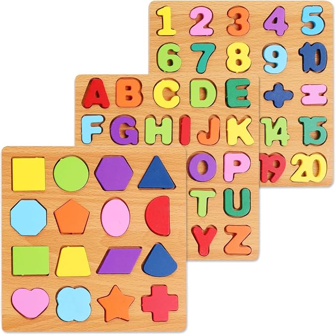 Wooden Alphabet Number Shape Puzzle for Kids, 3-in-1 Montessori Learning Board Set with ABC Letters, Counting Numbers & Colorful Shapes, Preschool Educational Activity Toy for Toddlers Age 2-5