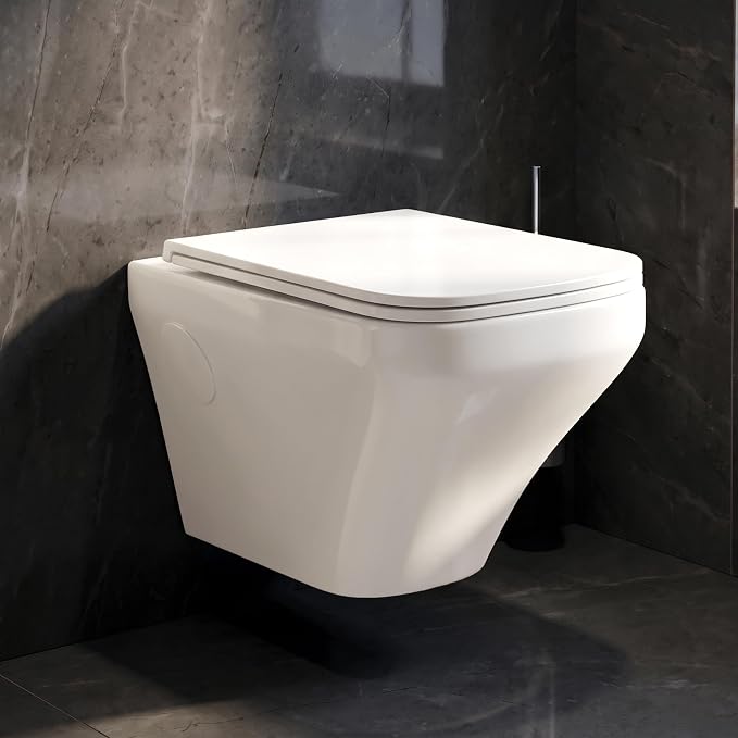 WASSMIST Commodes Toilet Wall Hung, P Trap, Rimless System with Soft Close Seat