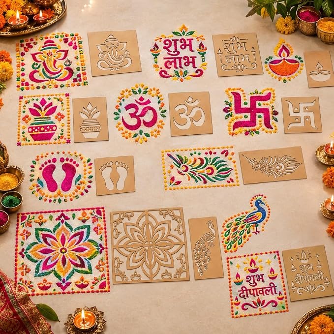 Rangoli MDF Stencil for Diwali Floor Decoration, 2.5mm, 14 Unique Designs