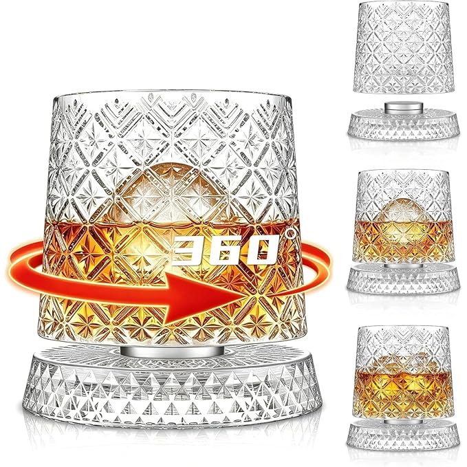 Spinning Whiskey Glass  -  360 Degree Rotating Crystal Rocks for Drinks