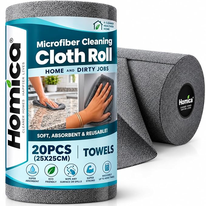 Microfiber Cleaning Cloth Roll 20 Pcs, Reusable & 4000 Times Washable - 10X Cheaper Than Paper, Ultra Absorbent Lint Free, Tearable Dusting Wipes for Kitchen, Glass, Car & Home Cleaning,