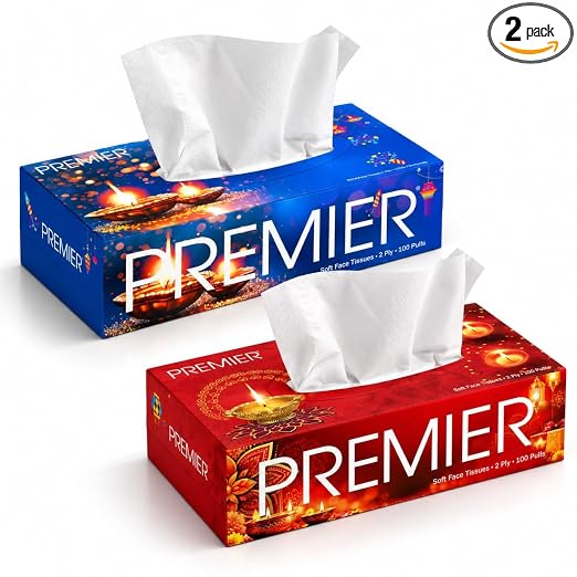 Premier 2-Ply Tissue Paper Box, 100 Pulls Each, Pack of 2 | Red & Blue | Special Diwali Edition Tissue Boxes | Festive Table & Home Essentials