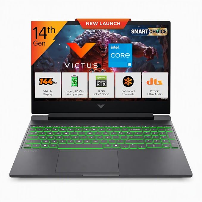 HP Victus 15 Smartchoice, Intel Core i5-14500HX, 6GB RTX 3050, 12GB DDR5(Upgradeable) 512GB SSD, FHD, 144Hz, 300nits,15.6''/39.6cm, Win11,Office24, Mica Silver, 2.3kg, fa2627/2624TX, RGB Gaming Laptop