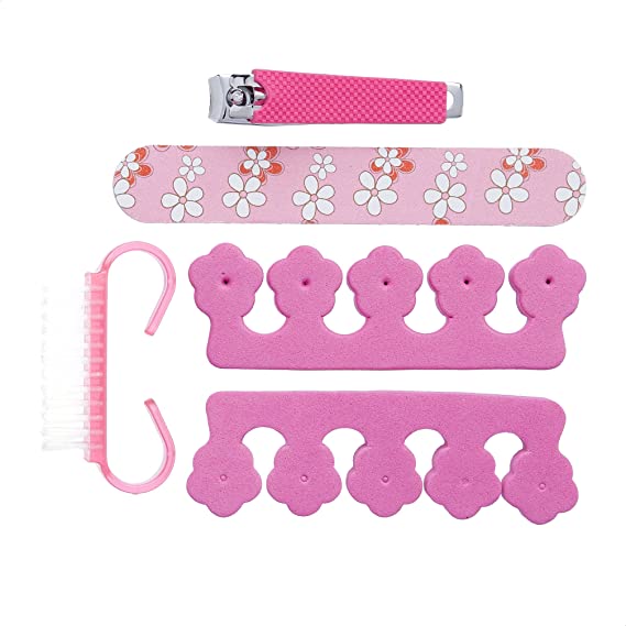 Amazon Brand - Solimo Manicure and Pedicure Kit with Nail File, Brush, Two Toe Separators and Nail Clipper, Pink, Pack of 5
