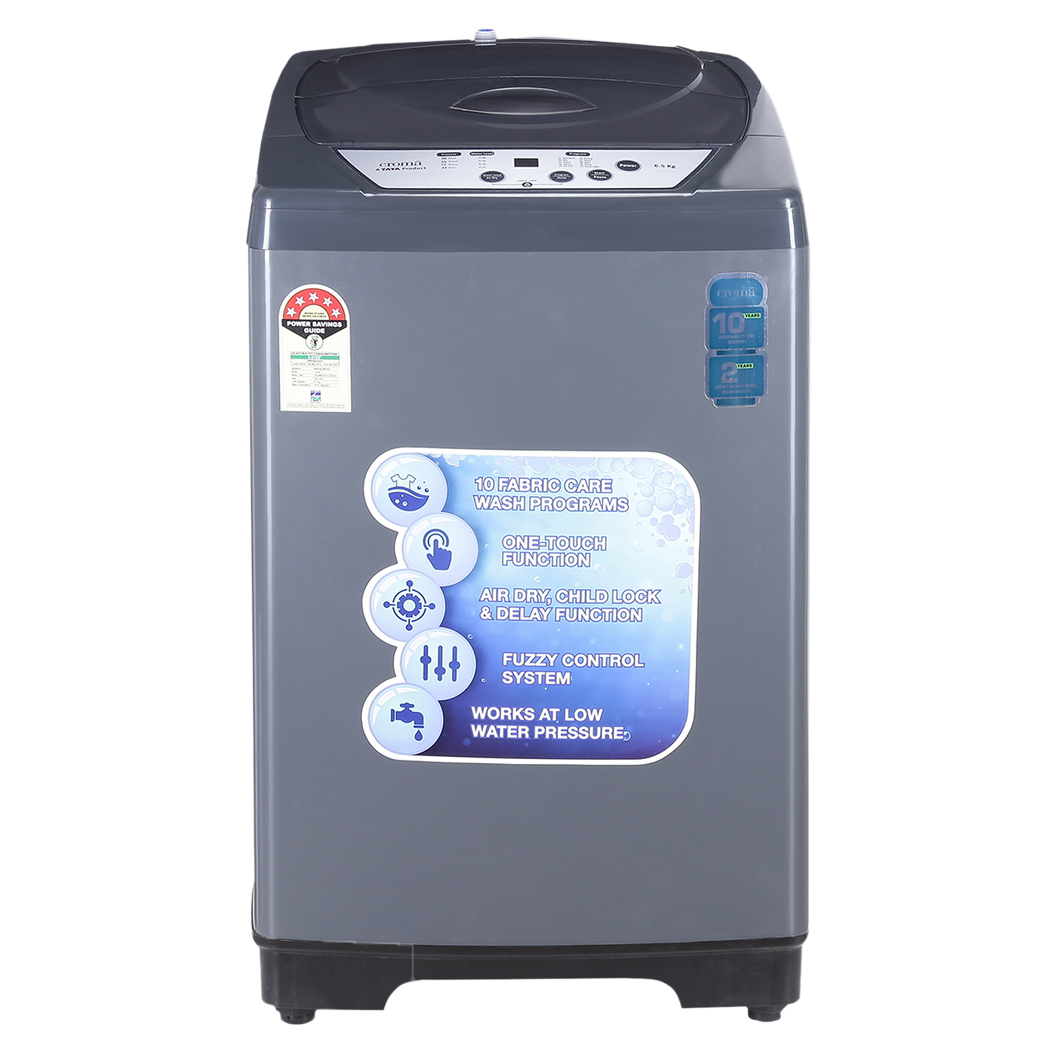 Croma 6.5 kg 5 Star Fully Automatic Top Load Washing Machine (CRLWMD701STL65, Fuzzy Control, Grey)