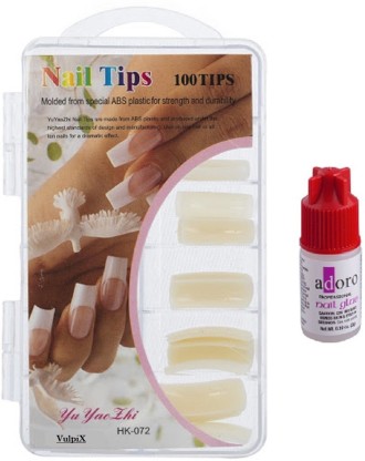 VULPIX Reusable Acrylic Artificial Nails with Glue White  (Pack of 100)