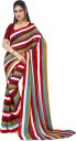 Printed, Striped Daily Wear Georgette Saree  (Red, White, Yellow)