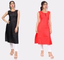 Pack of 2 Women Self Design Cotton Linen Straight Kurta  (Black, Pink)