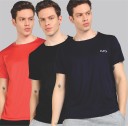 Pack of 3 Men Solid Round Neck Poly Cotton Red, Black, Navy Blue T-Shirt