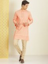 Men Striped Polyester Straight Kurta  (Pink)