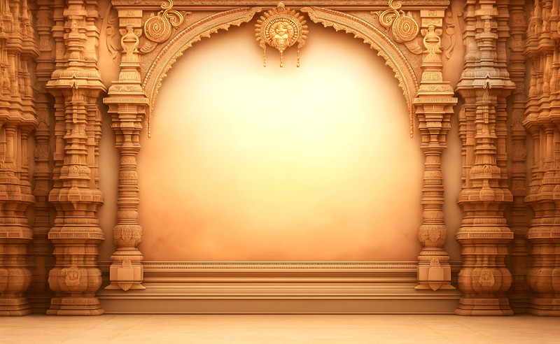 Sanskriti Golden Temple Arch Fabric Backdrop for Mandir & Home Decoration (96 inch X 60 inch, Gold, Cream, Yellow)