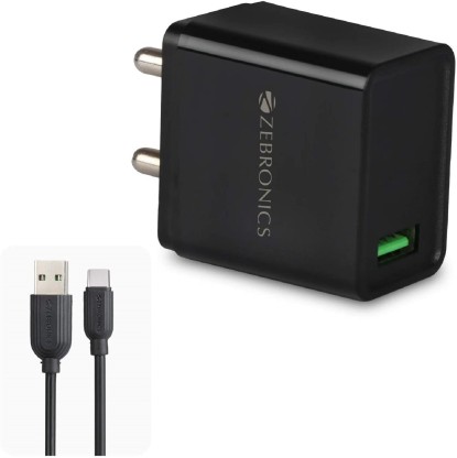 ZEBRONICS Zeb- MA5311Q 3 A Mobile Charger with Detachable Cable  (Black, Cable Included)
