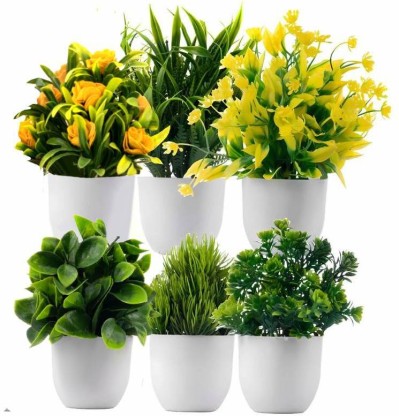Ryme Mini/Small Pack of 6 Bonsai Wild Artificial Plant  with Pot  (15 cm, Green)