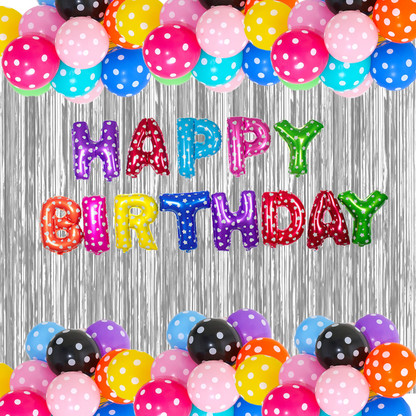 PARTY MIDLINKERZ Solid Happy Birthday Balloons Decoration Kit 66 Pcs, 1 set of Multicolor 13Pcs "Happy Birthday" alphabet foil balloons and 50Pcs Polka Dot Balloon Set with 2Pcs Silver Curtain and 1 Pc Ribbion for Birthday Theme Decorations Items Combo with Helium Letters Foil Balloon Banner, Latex Metallic Balloons Balloon (Multicolor, Pack of 66)  (Set of 46)