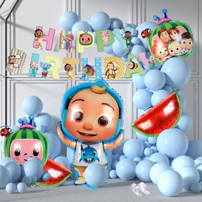 PopTheParty Cocomelon Theme Birthday Decorations Banner Cutouts Cocomelon Foil Balloon Set  (Set of 58)