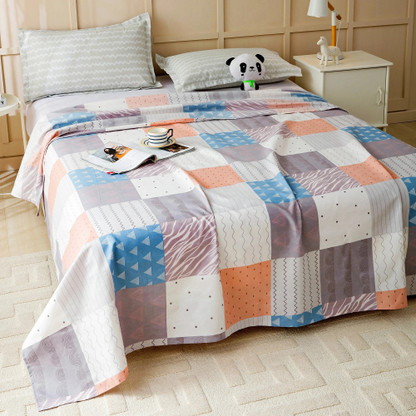 Story@home 180 TC Microfiber Double Printed Flat Bedsheet  (Pack of 1, Peach, Grey)
