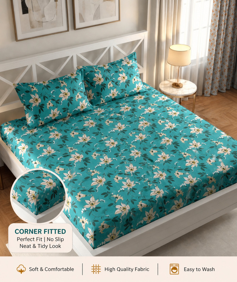 IWS Cotton Double Fitted (Elastic) 144 TC Floral 1 Bedsheet (Green, White)