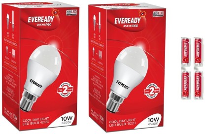 Eveready 10W LED Bulb Pack of 2 with Free 2 Batteries  (White, Pack of 2)