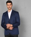 Solid Single Breasted Formal Men Full Sleeve Blazer  (Dark Blue)