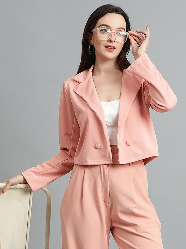 Women Solid Single Breasted Casual Blazer  (Pink)