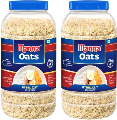 Manna Oats - 2kg (1kg x 2 Jars) | Gluten Free Steel Cut Rolled Oats | High in Fibre & Protein | 100% Natural | Helps Maintain Cholesterol. Good for Diabetics Plastic Bottle  (2 x 1 kg)