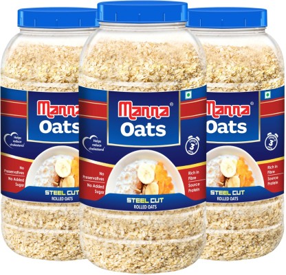 Manna by Manna Oats - 3kg (1kg x 3 Jars) | Gluten Free Steel Cut Rolled Oats | High in Fibre & Protein | 100% Natural | Helps Maintain Cholesterol. Good for Diabetics Plastic Bottle  (3 x 1 kg)