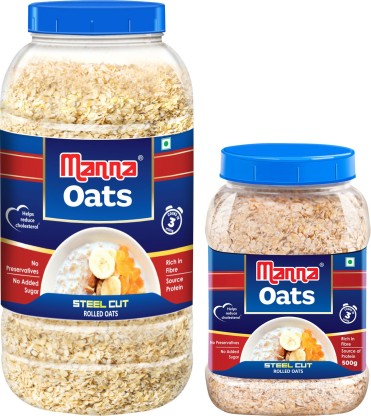Manna Oats - 1.5kg (1kg x 1 Jar and 0.5kg x 1 Jar) | Gluten Free Steel Cut Rolled Oats | High in Fibre & Protein | 100% Natural | Helps Maintain Cholesterol. Good for Diabetics  (1.5 kg, Plastic Bottle, Pack of 2)