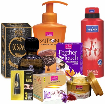 VI-JOHN Women Care Kit (Hair Remover Honey/Saffron & Saffron Gold Fairness Cream & Body Lotion Cocoa Butter & perfume COBRA 60ML & Kajal & Deo ENERGETIC)  (6 Items in the set)
