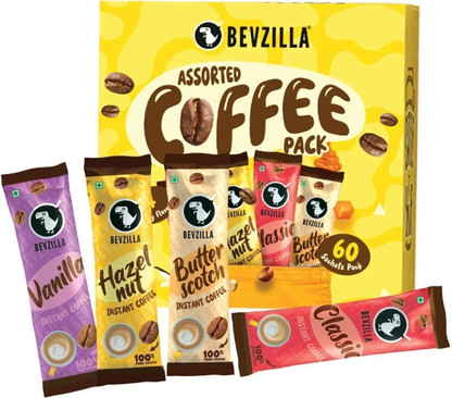 Bevzilla Instant Coffee Powder - 60 Sachets Box, Makes Premium Cups, 15 Sachet Each Instant Coffee  (60 x 2 g, Assorted Flavoured)