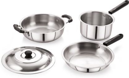BMS Lifestyle Induction Friendly Stainless Steel Cookware Set, Silver, 4 Pieces Induction Bottom Non-Stick Coated Cookware Set  (Stainless Steel, 4 - Piece)