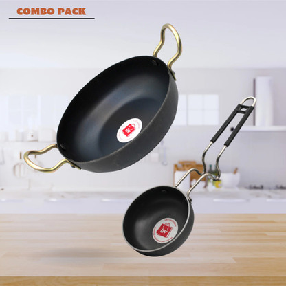 LAZYwindow Traditional Iron Deep Bottom Kadhai And Tadka Pan with Steel Handle Combo Pack Induction Bottom Cookware Set  (Iron, 2 - Piece)