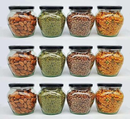 Coozico Kitchen Storage Glass Jar & Container with Rust Proof Air Tight Black Metal Lid,  - 400 ml Glass Honey Jar  (Pack of 12, Black)