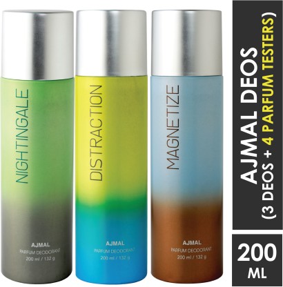 AJMAL Nightingale & Distraction & Magnetize Deodorant Combo Pack of 3 High Quality Deodorants 200ml each (Total 600ML) for Men & Women + 4 Parfum Testers Deodorant Spray  -  For Men & Women  (600 ml, Pack of 3)