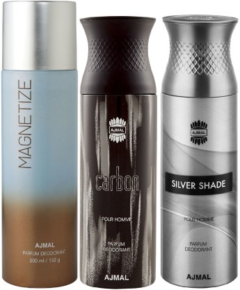 AJMAL 1 Magnetize , 1 Carbon and 1 Silver Shade Deodorants for Unisex each 200ML Pack of 3+4 Parfum Testers Deodorant Spray  -  For Men & Women  (600 ml, Pack of 3)