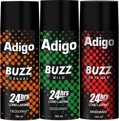adigo Buzz Wild| Casual | Intense 24hrs Long Lasting Deodorant | 165ml Each Deodorant Spray  -  For Men  (165 ml, Pack of 3)