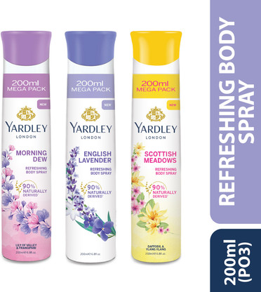Yardley London Morning Dew Refreshing Body Spray + English Lavender + Scottish Meadows Deodorant Spray  -  For Women  (600 ml, Pack of 3)