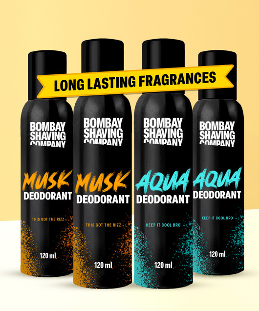 BOMBAY SHAVING COMPANY Fresh Aqua & Intense Musk 120mlx4 Combo Deodorant Luxury Long Lasting Fragrance Deodorant Spray  -  For Men & Women (480 ml, Pack of 4)