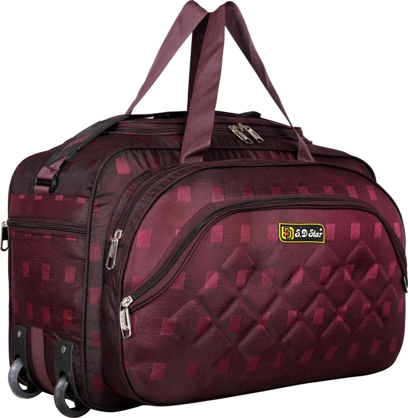 40 L Strolley Duffel Bag - LIGHT WEIGHT TRAVEL DUFFEL BAG WITH MULTIPLE 5 POCKET PURPLE CHECKS - Maroon - Regular Capacity