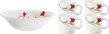 Larah by Borosil Pack of 5 Opalware Red Lily (LH) Dinner Set  (Microwave Safe)