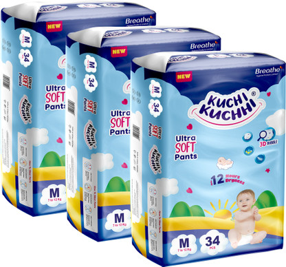 KUCHI KUCHHI Premium super soft baby diaper with a 3D bubble top (Pack of 3) - M  (102 Pieces)