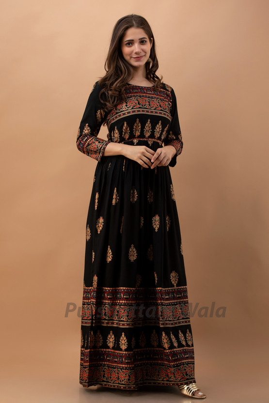 PURSHOTTAM WALA - Women Fit and Flare Black Ankle Length Dress