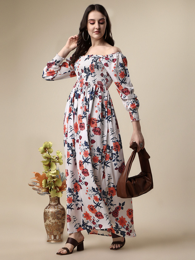 Women Fit and Flare Blue, Orange, White Maxi/Full Length Dress